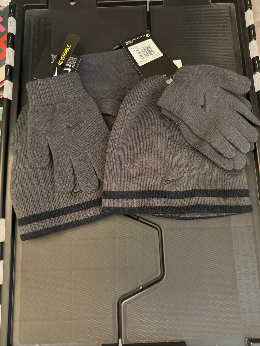Nike Gray Knit Beanie and Glove Set with Black Stripe